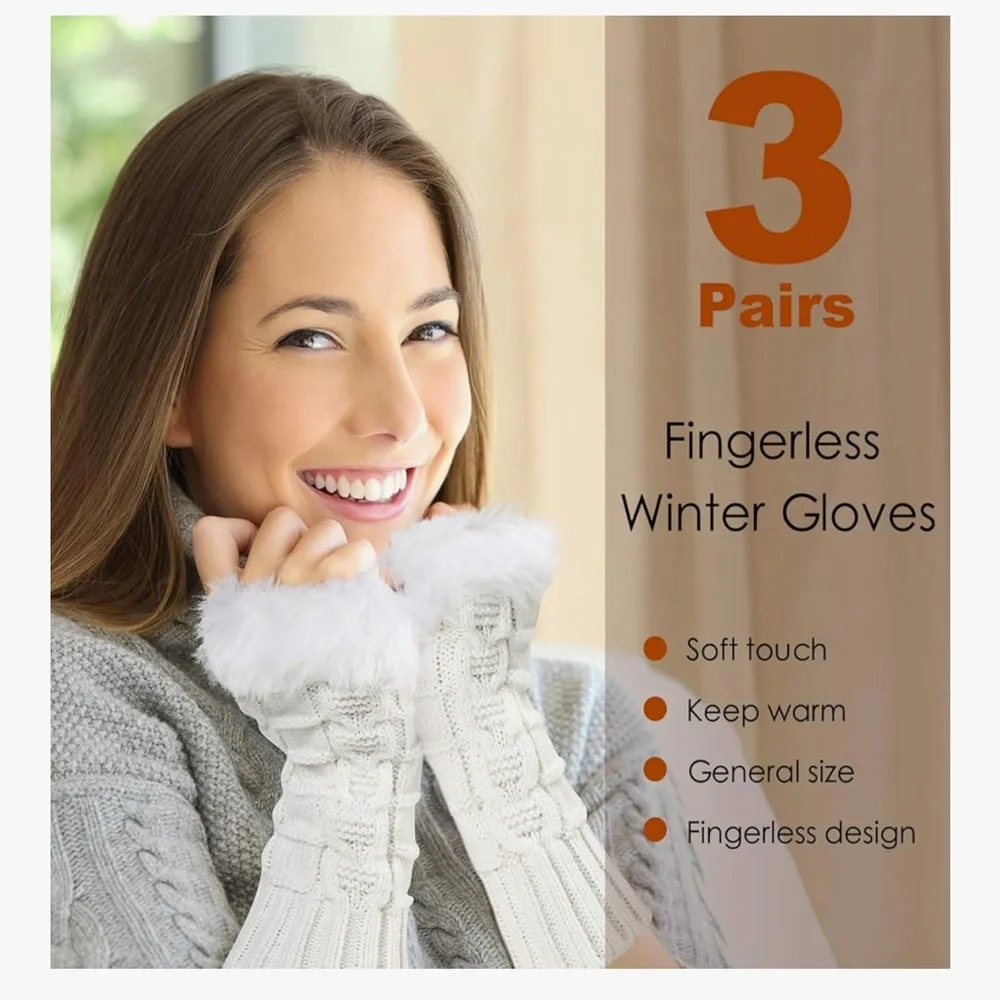🆕 3 Pairs Fingerless Winter Gloves Faux Fur Crochet Warm Fingerless Gloves